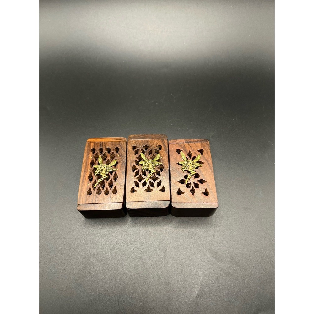 Vintage Set of 3 Carved Wood Trinket Boxes Brass Fairy Pixie Hinged Lids